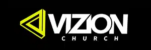 Vizion Church logo with a yellow triangular design and bold white text on a black background.