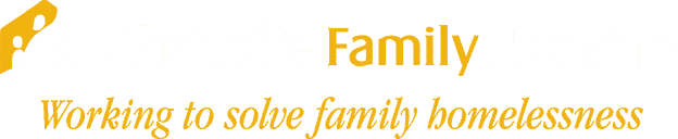 Logo for Charlotte Family Housing with the tagline "Working to solve family homelessness" and an icon of a house with people inside.