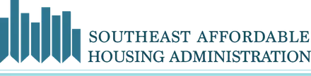 Logo for Southeast Affordable Housing Management Association with blue building silhouettes to the left of the organization name in blue text.